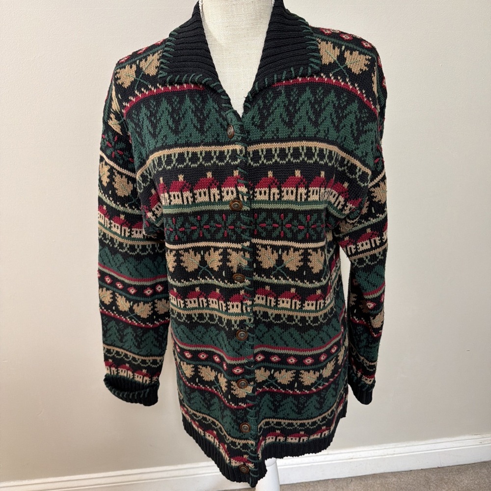 Vtg Northern  Isles Cardigan Med Cottage Hand Embroidered Heavyweight‎